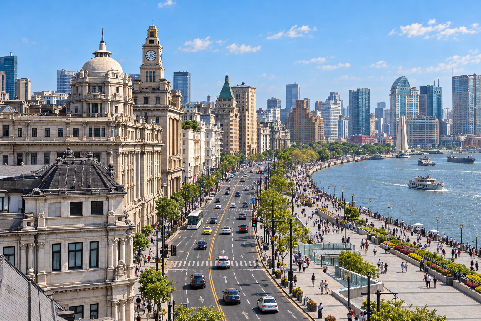 Contemporary view of the Bund looking north along the historic waterfront and North Bund skyline